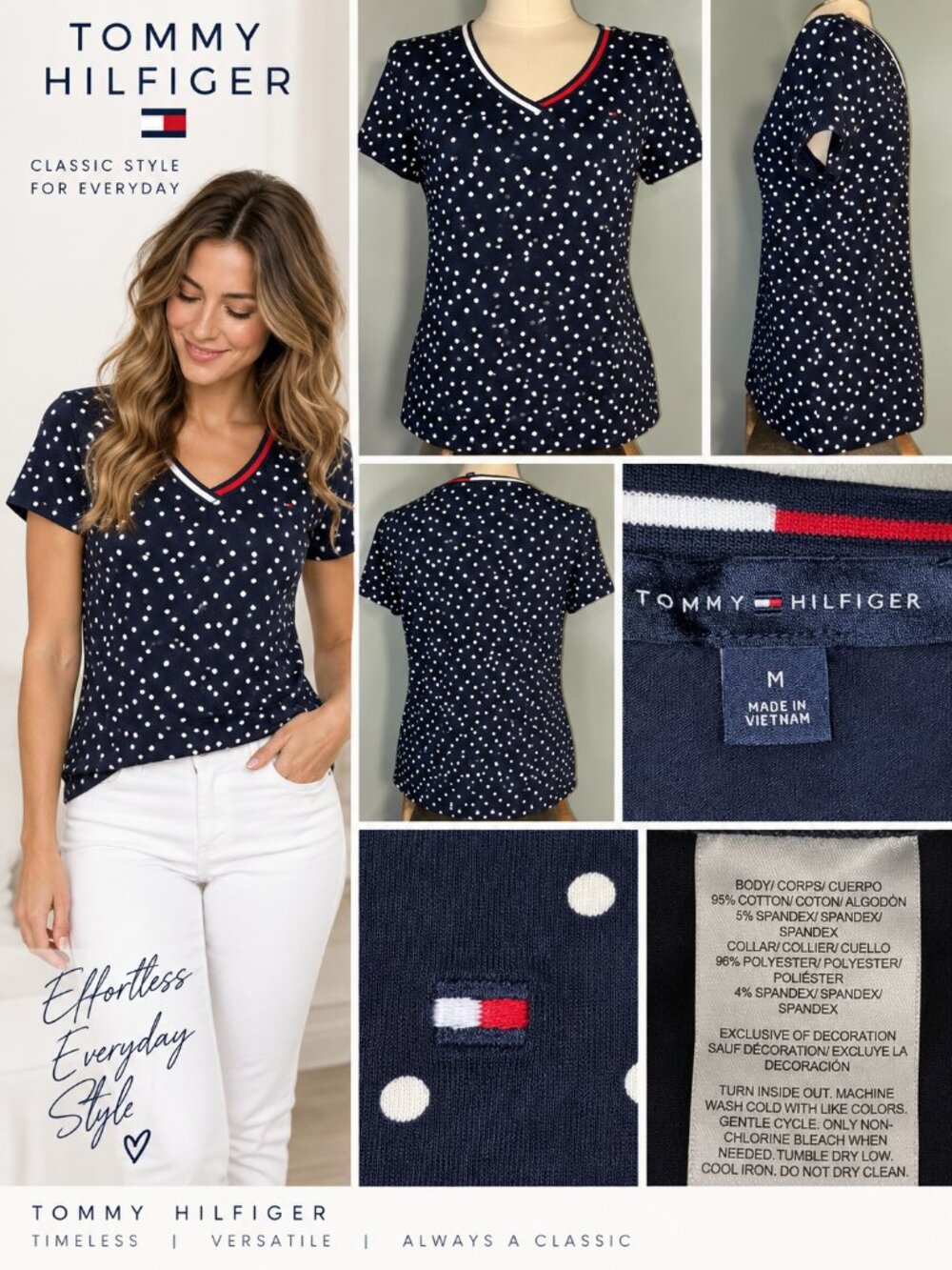 Tommy Hilfiger Navy Polka Dot V-Neck T-Shirt Women’s Medium